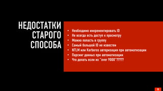 НЕДОСТАТКИ 
СТАРОГО 
СПОСОБА 
11 
• Необходимо инкрементировать ID 
• Не всегда есть доступ к просмотру 
• Можно попасть в группу 
• Самый большой ID не известен 
• NTLM или Kerberos авторизация при автоматизации 
• Парсинг данных при автоматизации 
• Что делать если их “over 9000”????? 
 