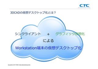Copyright (c)2013 ＩＴOCHU Techno-Solutions Corporation
3DCADの仮想デスクトップ化とは？
シンクライアント グラフィック仮想化
Workstation端末の仮想デスクトップ化
による
＋
Copyright(c) 2014 ITOCHU Techno-SolutionsCorporation
 