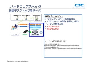 Copyright (c)2013 ＩＴOCHU Techno-Solutions Corporation
ハードウェアスペック
仮想デスクトップ用サーバ
CPUスペック
メモリの搭載上限
グラフィックボードの搭載可否
確認するべきポイント
グラフィックス仮想化技術への対応
DISK(IOPS)
<ハードウェアの互換性ガイド>
■Citrix社テスト済構成リスト
http://hcl.vmd.citrix.com/GPUPass-throughDeviceList.aspx
■Vmware社互換性ガイド
http://www.vmware.com/resources/compatibility/vcl/vsga.php
Copyright(c) 2014 ITOCHU Techno-SolutionsCorporation
 