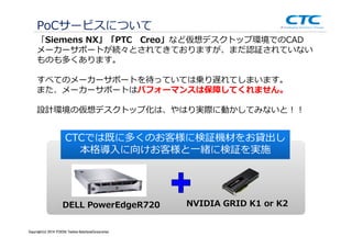 Copyright (c)2013 ＩＴOCHU Techno-Solutions Corporation
PoCサービスについて
DELL PowerEdgeR720 NVIDIA GRID K1 or K2
「Siemens NX」「PTC Creo」など仮想デスクトップ環境でのCAD
メーカーサポートが続々とされてきておりますが、まだ認証されていない
ものも多くあります。
すべてのメーカーサポートを待っていては乗り遅れてしまいます。
また、メーカーサポートはパフォーマンスは保障してくれません。
設計環境の仮想デスクトップ化は、やはり実際に動かしてみないと！！
CTCでは既に多くのお客様に検証機材をお貸出し
本格導入に向けお客様と一緒に検証を実施
Copyright(c) 2014 ITOCHU Techno-SolutionsCorporation
 