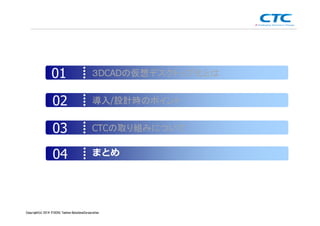 Copyright (c)2013 ＩＴOCHU Techno-Solutions Corporation
３DCADの仮想デスクトップ化とは01
導入/設計時のポイント02
CTCの取り組みについて03
まとめ04
Copyright(c) 2014 ITOCHU Techno-SolutionsCorporation
 