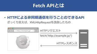 Fetch APIとは
• HTTPによる非同期通信を行うことのできるAPI
ざっくり言えば、XMLHttpRequestを改良したもの
HTTPリクエスト
fetch('http://example.jp/')
HTTPレスポンス
http:...