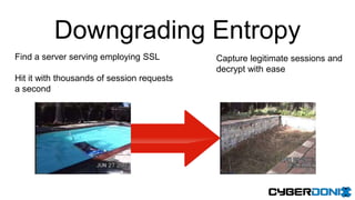 Downgrading Entropy
Find a server serving employing SSL
Hit it with thousands of session requests
a second
Capture legitimate sessions and
decrypt with ease
 