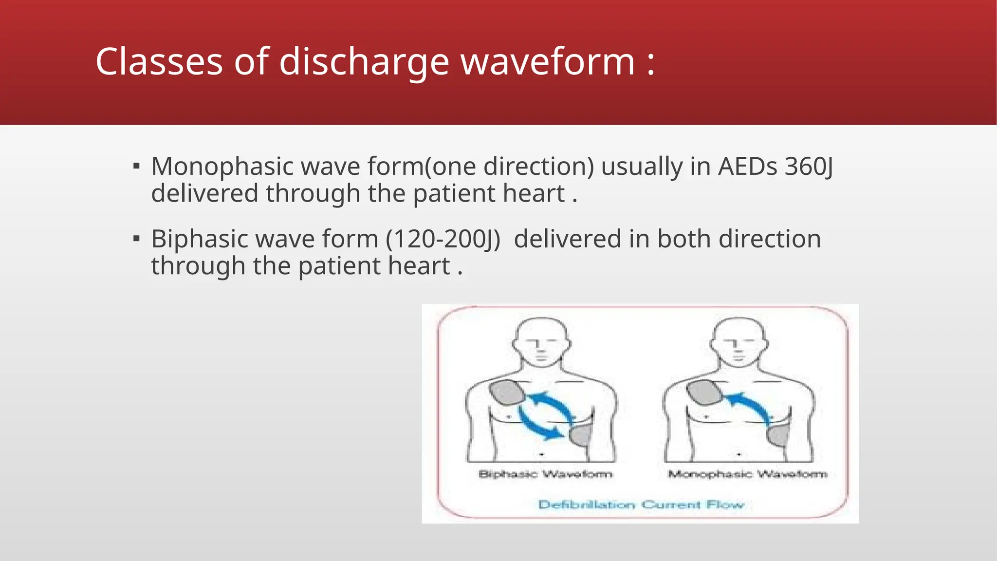 Classes of discharge waveform :
▪ Monophasic wave form(one direction) usually in AEDs 360J
delivered through the patient heart .
▪ Biphasic wave form (120-200J) delivered in both direction
through the patient heart .
 