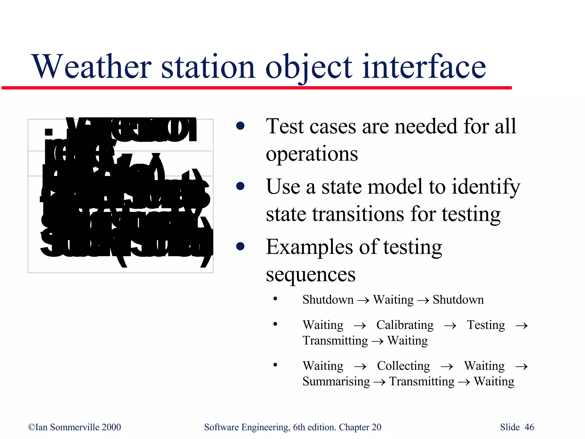 Weather station object interface Test cases are needed for all operations Use a state model to identify state transitions for testing Examples of testing sequences Shutdown    Waiting    Shutdown Waiting    Calibrating    Testing    Transmitting    Waiting Waiting    Collecting    Waiting    Summarising    Transmitting    Waiting 