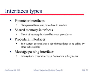 Interfaces types Parameter interfaces Data passed from one procedure to another Shared memory interfaces Block of memory is shared between procedures Procedural interfaces Sub-system encapsulates a set of procedures to be called by other sub-systems Message passing interfaces Sub-systems request services from other sub-systems 