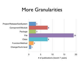 More Granularities

Project/Release/SubSystem               3
       Component/Module                                8
                 Package                3
                     File                                                        19
                   Class                               8
         Function/Method            2
        Change/Hunk level       1


                            0                 5            10            15      20
                                            # of publications (recent 7 years)
 