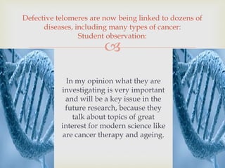 
Defective telomeres are now being linked to dozens of
diseases, including many types of cancer:
Student observation:
In my opinion what they are
investigating is very important
and will be a key issue in the
future research, because they
talk about topics of great
interest for modern science like
are cancer therapy and ageing.
 