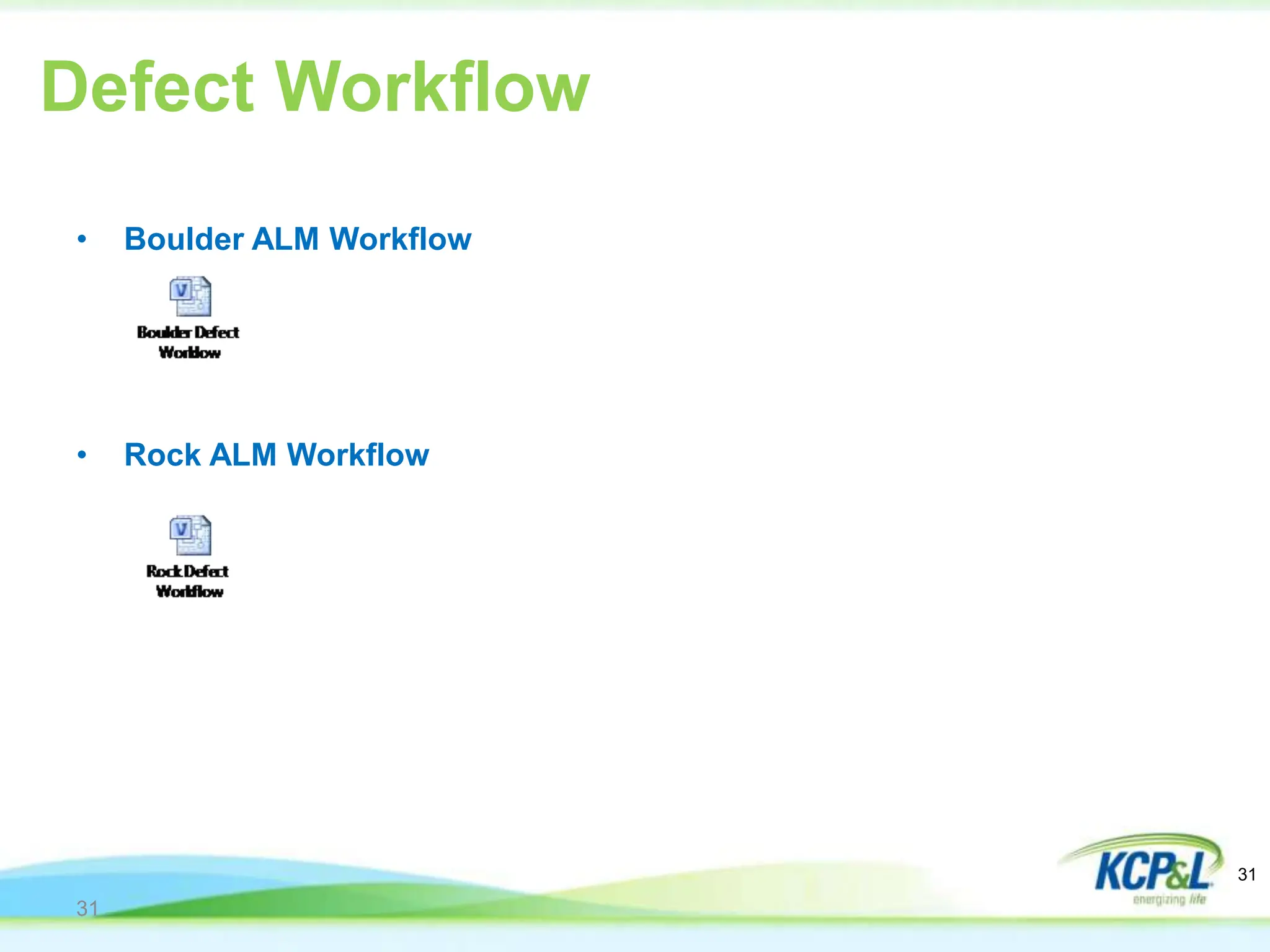 Defect Workflow
31
• Boulder ALM Workflow
• Rock ALM Workflow
31
 
