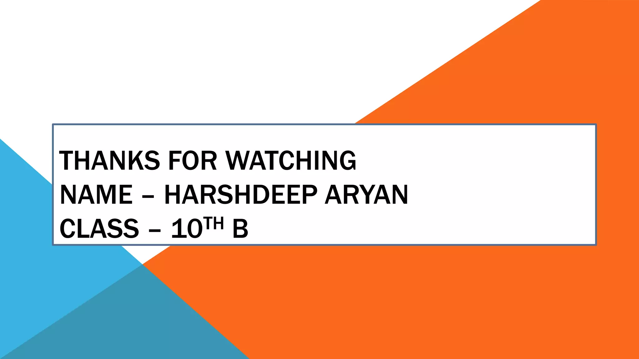 THANKS FOR WATCHING
NAME – HARSHDEEP ARYAN
CLASS – 10TH B
 