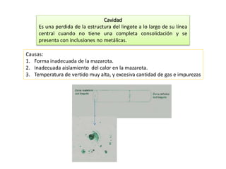 Cavidad 
Es una perdida de la estructura del lingote a lo largo de su línea 
central cuando no tiene una completa consolidación y se 
presenta con inclusiones no metálicas. 
Causas: 
1. Forma inadecuada de la mazarota. 
2. Inadecuada aislamiento del calor en la mazarota. 
3. Temperatura de vertido muy alta, y excesiva cantidad de gas e impurezas 
 
