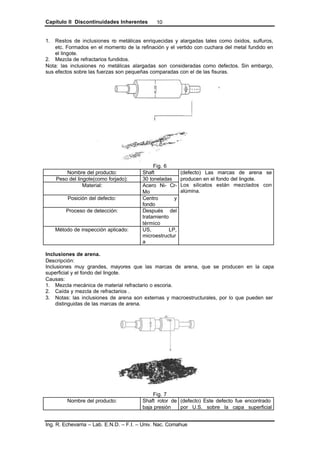 Capítulo II Discontinuidades Inherentes
Ing. R. Echevarria – Lab. E.N.D. – F.I. – Univ. Nac. Comahue
10
1. Restos de inclusiones no metálicas enriquecidas y alargadas tales como óxidos, sulfuros,
etc. Formados en el momento de la refinación y el vertido con cuchara del metal fundido en
el lingote.
2. Mezcla de refractarios fundidos.
Nota: las inclusiones no metálicas alargadas son consideradas como defectos. Sin embargo,
sus efectos sobre las fuerzas son pequeñas comparadas con el de las fisuras.
Fig. 6
Nombre del producto: Shaft
Peso del lingote(como forjado): 30 toneladas
Material: Acero Ni- Cr-
Mo
Posición del defecto: Centro y
fondo
Proceso de detección: Después del
tratamiento
térmico
Método de inspección aplicado: US, LP,
microestructur
a
(defecto) Las marcas de arena se
producen en el fondo del lingote.
Los silicatos están mezclados con
alúmina.
Inclusiones de arena.
Descripción:
Inclusiones muy grandes, mayores que las marcas de arena, que se producen en la capa
superficial y el fondo del lingote.
Causas:
1. Mezcla mecánica de material refractario o escoria.
2. Caída y mezcla de refractarios .
3. Notas: las inclusiones de arena son externas y macroestructurales, por lo que pueden ser
distinguidas de las marcas de arena.
Fig. 7
Nombre del producto: Shaft rotor de
baja presión
(defecto) Este defecto fue encontrado
por U.S. sobre la capa superficial
 