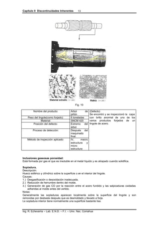 Capítulo II Discontinuidades Inherentes
Ing. R. Echevarria – Lab. E.N.D. – F.I. – Univ. Nac. Comahue
13
Fig. 10
Nombre del producto: Árbol de
piñón
Peso del lingote(como forjado): 6 toneladas
Material: SNCM 420
Posición del defecto: Extremo del
árbol
Proceso de detección: Después del
maquinado
final.
Método de inspección aplicado: IV, macro
estructura y
micro
estructura
(Defecto)
Se encontró y se inspeccionó la capa
con brillo anormal de uno de los
varios productos forjados de un
lingote de acero.
Inclusiones gaseosas porosidad:
Está formada por gas el que es insoluble en el metal líquido y es atrapado cuando solidifica.
Sopladura.
Descripción:
Hueco esférico y cilíndrico sobre la superficie o en el interior del lingote.
Causas:
1.) Desgasificación o desoxidación inadecuada.
2.) Reducción de herrumbre dentro del molde.
3.) Generación de gas CO por la reacción entre el acero fundido y las salpicaduras oxidadas
adheridas al molde antes del vertido.
Notas:
Generalmente las sopladuras aparecen localmente sobre la superficie del lingote y son
removidas por desbaste después que es desmoldado y llevado a forja.
La sopladura interior tiene normalmente una superficie bastante lisa.
 