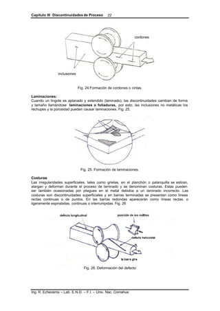 Capítulo III Discontinuidades de Proceso
Ing. R. Echevarria – Lab. E.N.D. – F.I. – Univ. Nac. Comahue
22
Fig. 24:Formación de cordones o cintas
Laminaciones:
Cuando un lingote es aplanado y extendido (laminado), las discontinuidades cambian de forma
y tamaño llamándose laminaciones o foliaduras, por esto, las inclusiones no metálicas los
rechupes y la porosidad pueden causar laminaciones. Fig. 25.
Fig. 25: Formación de laminaciones.
Costuras:
Las irregularidades superficiales, tales como grietas, en el planchón o palanquilla se estiran,
alargan y deforman durante el proceso de laminado y se denominan costuras. Estas pueden
ser también ocasionadas por pliegues en el metal debidos a un laminado incorrecto. Las
costuras son discontinuidades superficiales y en barras terminadas se presentan como líneas
rectas continuas o de puntos. En las barras redondas aparecerán como líneas rectas. o
ligeramente espiraladas, continuas o interrumpidas. Fig. 26
Fig. 26. Deformación del defecto
cordones
inclusiones
 