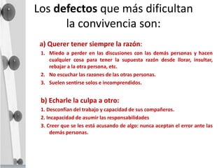 Los defectos que más dificultan
la convivencia son:
a) Querer tener siempre la razón:
1. Miedo a perder en las discusiones con las demás personas y hacen
cualquier cosa para tener la supuesta razón desde llorar, insultar,
rebajar a la otra persona, etc.
2. No escuchar las razones de las otras personas.
3. Suelen sentirse solos e incomprendidos.
b) Echarle la culpa a otro:
1. Desconfían del trabajo y capacidad de sus compañeros.
2. Incapacidad de asumir las responsabilidades
3. Creer que se les está acusando de algo: nunca aceptan el error ante las
demás personas.
 