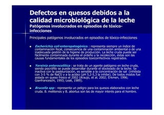 Defectos en quesos debidos a la
calidad microbiológica de la leche
Patógenos involucrados en episodios de tóxico-
infecciones
Principales patPrincipales patóógenos involucrados en episodios de tgenos involucrados en episodios de tóóxicoxico--infeccionesinfecciones
Escherichia coliEscherichia coli enteropatogenteropatogééniconico : representa siempre un: representa siempre un ííndice dendice de
contaminacicontaminacióón fecal, consecuencia de una contaminacin fecal, consecuencia de una contaminacióón ambiental o de unan ambiental o de una
inadecuada gestiinadecuada gestióón de la higiene de produccin de la higiene de produccióón. La leche cruda puede sern. La leche cruda puede ser
ffácilmente contaminada durante el ordecilmente contaminada durante el ordeñño y la recoleccio y la recoleccióón,n, ééstas son lasstas son las
causas fundamentales de los episodios toxicoinfectivos registradcausas fundamentales de los episodios toxicoinfectivos registrados.os.
Yersinia enterocolYersinia enterocolííticatica : se trata de un agente pat: se trata de un agente patóógeno en leche cruda,geno en leche cruda,
siendo psicrsiendo psicróófilo se puede desarrollar durante el stockeado de la leche. Sefilo se puede desarrollar durante el stockeado de la leche. Se
inactiva con la pasteurizaciinactiva con la pasteurizacióón, es sensible a la concentracin, es sensible a la concentracióón de sal (inhibidan de sal (inhibida
con 3con 3--5 % de NaCl) y a la acidez (pH 5,25 % de NaCl) y a la acidez (pH 5,2--5,3 la inhibe). De todos modos fue5,3 la inhibe). De todos modos fue
aislada en queso fresco el 2002 (Araujo, et al. 2002; Erkmen, 19aislada en queso fresco el 2002 (Araujo, et al. 2002; Erkmen, 1996;96;
Gianfranceschi, 1993; Leali, 1989).Gianfranceschi, 1993; Leali, 1989).
Brucella sppBrucella spp : representa un peligro para los quesos elaborados con leche: representa un peligro para los quesos elaborados con leche
cruda. B. melitensis y B. abortus son las de mayor intercruda. B. melitensis y B. abortus son las de mayor interéés para el hombre.s para el hombre.
 