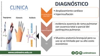 Taquipnea Cianosis Acidosis
La radiografía de
tórax (RXT
• desplazamiento cardíaco
• hiperinsuflación
La
angiotomografía
evidencia ausencia de rama pulmonar
con ausencia total o parcial del
parénquima pulmonar.
RM
• Muestra anatomía bronquial pero su
uso se ve limitado por su alto costo
económico
 