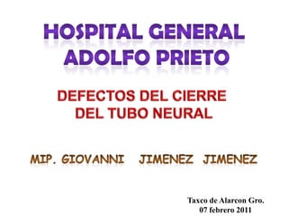 Hospital General  Adolfo Prieto DEFECTOS DEL CIERRE  DEL TUBO NEURAL Mip. GiOVANNIJIMENEZ  JIMENEZ Taxco de Alarcon Gro. 07 febrero 2011 