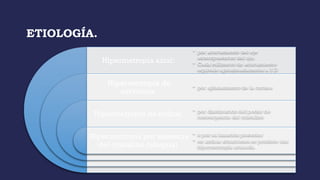 ETIOLOGÍA.
Hipermetropía axial:
Hipermetropía de
curvatura:
Hipermetropía de índice:
Hipermetropía por ausencia
del cristalino (afaquia)
• por acortamiento del eje
anteroposterior del ojo.
• Cada milímetro de acortamiento
equivale aproximadamente a 3 D
• por aplanamiento de la cornea
• por disminución del poder de
convergencia del cristalino
• o por su luxación posterior
• en ambas situaciones se produce una
hipermetropía acusada.
 