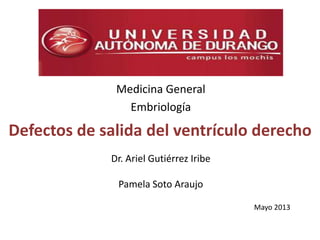Medicina General
Embriología

Defectos de salida del ventrículo derecho
Dr. Ariel Gutiérrez Iribe
Pamela Soto Araujo
Mayo 2013

 