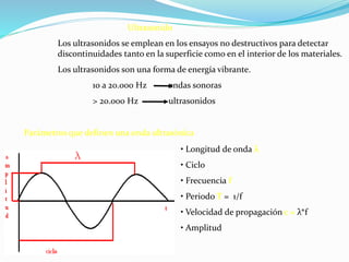 Ultrasonido
Los ultrasonidos se emplean en los ensayos no destructivos para detectar
discontinuidades tanto en la superficie como en el interior de los materiales.
Los ultrasonidos son una forma de energía vibrante.
10 a 20.000 Hz ondas sonoras
> 20.000 Hz ultrasonidos
Parámetros que definen una onda ultrasónica
• Longitud de onda λ
• Ciclo
• Frecuencia f
• Periodo T = 1/f
• Velocidad de propagación c = λ*f
• Amplitud
 