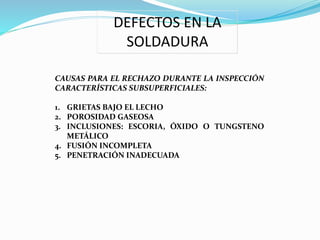 CAUSAS PARA EL RECHAZO DURANTE LA INSPECCIÓN
CARACTERÍSTICAS SUBSUPERFICIALES:
1. GRIETAS BAJO EL LECHO
2. POROSIDAD GASEOSA
3. INCLUSIONES: ESCORIA, ÓXIDO O TUNGSTENO
METÁLICO
4. FUSIÓN INCOMPLETA
5. PENETRACIÓN INADECUADA
DEFECTOS EN LA
SOLDADURA
 