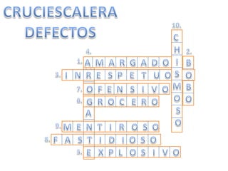 C HI S  M O S OCRUCIESCALERADEFECTOSB OBOA  M  A  R  G  A  D  O10.2.4.I   N  R  E   S  P   E   T   U  O  S  O1.A      O  GA N T E3.E   X  P  L   O  S   I   V  O7.G  R  O  C   E  R  O6.O  F  E  N   S   I   V  O9.F   A   S  T   I   D   I  O  S  O8.M  E  N  T   I   R   O  S  O5.