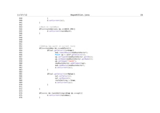 Software Defects Prevention Techniques – Example Project


    98
    99     /** Returns vector of Points sorted by distance
   100      * from WayPint wp in descending order
   101          *
   102          * @version initial
   103          * @return Vector
   104          */
   105          public Vector sortDescending(Point wp){
   106                   int size = this.size();
   107                   Vector temp1 = new Vector();
   108                   Vector temp2 = new Vector();
   109                   temp1 = this.sortAscending(wp);
   110                   for (int i=0; i<size;i++ )
temp2.addElement(temp2.elementAt(size-i));
   111                   return temp2;
   112          }
   113
   114     /** Return vector of specific Points of type 'type'
   115          * sorted by distance in ascending order from Point wp
   116          *
   117          * @version initial
   118          * @return Vector
   119          */
   120          public Vector sortAscending (Point wp, String type){
   121                   int size = this.size();
   122                   long[] distances = new long [size];
   123                   for (int i=0; i<size; i++){
   124                           Point whs = (Point)this.elementAt(i); //from
warehouse
   125                           distances[i]=wp.measureDistance(whs);
   126                   }
   127                   Hashtable ht = new Hashtable();
   128                   for (int i=0; i<size; i++){
   129                           ht.put(new Long(distances[i]),this.elementAt(i));
   130                   }
   131                   HeapSorter hp = new HeapSorter();
   132                   hp.heapsort(distances);
   133                   Vector sorted = new Vector();
   134                   for (int i=0;i<size;i++) {
   135                           Point wpnt = (Point)ht.get(new Long(distances[i]));
   136                           if (wp.getType().equals(type))
sorted.addElement(wpnt);
   137                   }
   138                   return sorted;
   139          }
   140
   141     /** Prints array of Points
   142      * @version initial
   143          * @return String
   144          */
   145          public String toString(){


                                                  cli
 