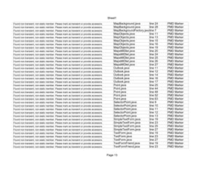 Zarko Acimovic




HeapSorter.java violations


 All classes and interfaces must belong to a named package                5   PMD Marker
 This class has too many methods, consider refactoring it.                5   PMD Marker
 Document empty constructor                                               7   PMD Marker
 Avoid variables with short names like a                                  9   PMD Marker
 Avoid variables with short names like A                                 10   PMD Marker
 Avoid variables with short names like as                                23   PMD Marker
 Avoid variables with short names like AS                                24   PMD Marker
 Prefer StringBuffer over += for concatenating strings                   30   PMD Marker
 Avoid variables with short names like a                                 37   PMD Marker
 Parameter 'a' is not assigned and could be declared final               37   PMD Marker
 Avoid using for statements without curly braces                         38   PMD Marker
 Parameter 'as' is not assigned and could be declared final              41   PMD Marker
 Avoid using for statements without curly braces                         42   PMD Marker
 Lines of Code in Method is 21                                           45   Metrics Marker
 Parameter 'i' is not assigned and could be declared final               45   PMD Marker
 Local variable 'l' could be declared final                              46   PMD Marker
 Local variable 'r' could be declared final                              47   PMD Marker
 Local variable 'tmp' could be declared final                            62   PMD Marker
 Lines of Code in Method is 21                                           67   Metrics Marker
 Number of Statements is 21                                              67   Metrics Marker
 Parameter 'i' is not assigned and could be declared final               67   PMD Marker
 Local variable 'l' could be declared final                              68   PMD Marker




      1    /**
      2     *
      3     * HeapSorter class sorts points by distance or by name
      4     */
      5    public class HeapSorter{
      6
      7         HeapSorter(){}
      8
      9               public void heapsort(long[] a){
     10                       long[]A = setHeapWithSize(a,a.length);
     11                       buildHeap(A);
     12                       for(int i=0; i<A.length; i++){
     13                               System.out.println(A[i]);
     14                       }
     15                       for(int i=a.length; i>1; i--){
     16                               a[i-1]=A[0]; A[0]=A[i-1];
     17                               A=setHeapWithSize(A,A.length-1);
     18                               heapify(A,1);
     19                       }


                                                     xlviii
 