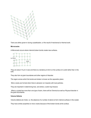 Twins are either grown-in during crystallization, or the result of mechanical or thermal work.

Microcracks

A Microcrack occurs where internal broken bonds create new surfaces.




They are about 10 µm in size and there is a tendency to form on the surface of a solid rather than in the
bulk.

They also form at grain boundaries and other regions of disorder.

The region across which the bonds are broken is known as the separation plane.

Micro cracks are formed when there is abrasion (or impacts) with dust particles.

They are important in determining how, and where, a solid may fracture.

 When a crystal has more than one type of atom, there will be Chemical as well as Physical disorder in
the grain-boundaries.

Volume Defects

Volume defects are Voids, i.e. the absence of a number of atoms to form internal surfaces in the crystal.

They have similar properties to micro cracks because of the broken bonds at the surface.
 