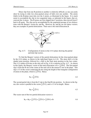Materials Science J.W. Morris, Jr.
Page 94
Direct slip from one B position to another is relatively difficult, as one can easily
show by trying to slide two close-packed arrays of balls over one another. The atoms
(balls) in the B-plane must ride over the A atoms, as illustrated in the figure. It is much
easier to accomplish the slip in two sequential steps, as indicated in the figure, that cir-
cumvent the A atoms. The B atoms are first slipped into C positions, then moved from C
back to B again. The slip can be accomplished by the sequential passage of two disloca-
tions with the Burgers' vectors b1 and b2. However, b1 and b2 are not lattice vectors;
they are examples of partial dislocations. Their sum is the total dislocation, b.
B
B
BBB
B
A
CC
C
1/2[–1–12]
1/2[–211]
1/2[–101]
Fig. 4.17: Configuration of atoms in the (111) plane showing the partial
and total slip vectors.
To find the Burgers' vectors of the partial dislocations let the close-packed plane
be the (111) plane, as shown in the right-hand figure in 4.16. The atom shift is to the
shaded atom position, followed by a shift to the final atom position in the face center.
The (111) plane of B-sites in the unit cell in Fig. 4.16 is redrawn in Fig. 4.17. As shown
in this figure, the Burgers' vector of the total dislocation is b =
1
2 [–101]. The first partial
slip is from the B site at the corner of the unit cell to the nearest C-site in the plane. This
slip is 1/3 of the vector connecting B-sites along the height of the triangular configuration
of atoms in the plane, which is
1
2 [–1–12]. Hence
b1 =
1
6 [–1–12] 4.2
The second partial slip is from the C-site to the final B-site position. As shown in the fig-
ure, this vector is parallel to the vector
1
2 [–211}, and is 1/3 of its length. Hence
b2 =
1
6 [–211] 4.3
The vector sum of the two partial dislocation vectors is
b1 + b2 =
1
6 [–1–12] +
1
6 [–211] =
1
2 [–101] = b 4.4
 