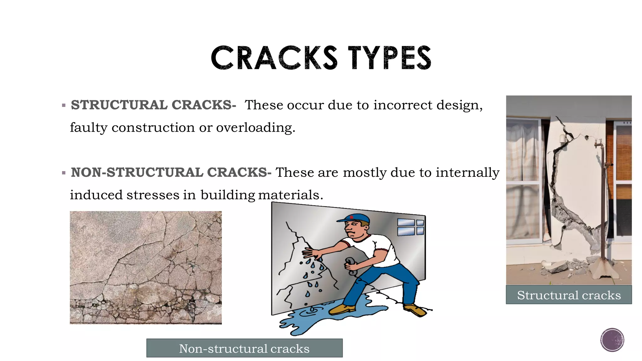  STRUCTURAL CRACKS- These occur due to incorrect design,
faulty construction or overloading.
 NON-STRUCTURAL CRACKS- These are mostly due to internally
induced stresses in building materials.
Structural cracks
Non-structural cracks
 