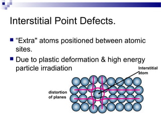 Interstitial Point Defects.
 “Extra" atoms positioned between atomic
  sites.
 Due to plastic deformation & high energy
  particle irradiation                  Interstitial
                                             atom



             distortion
             of planes
 