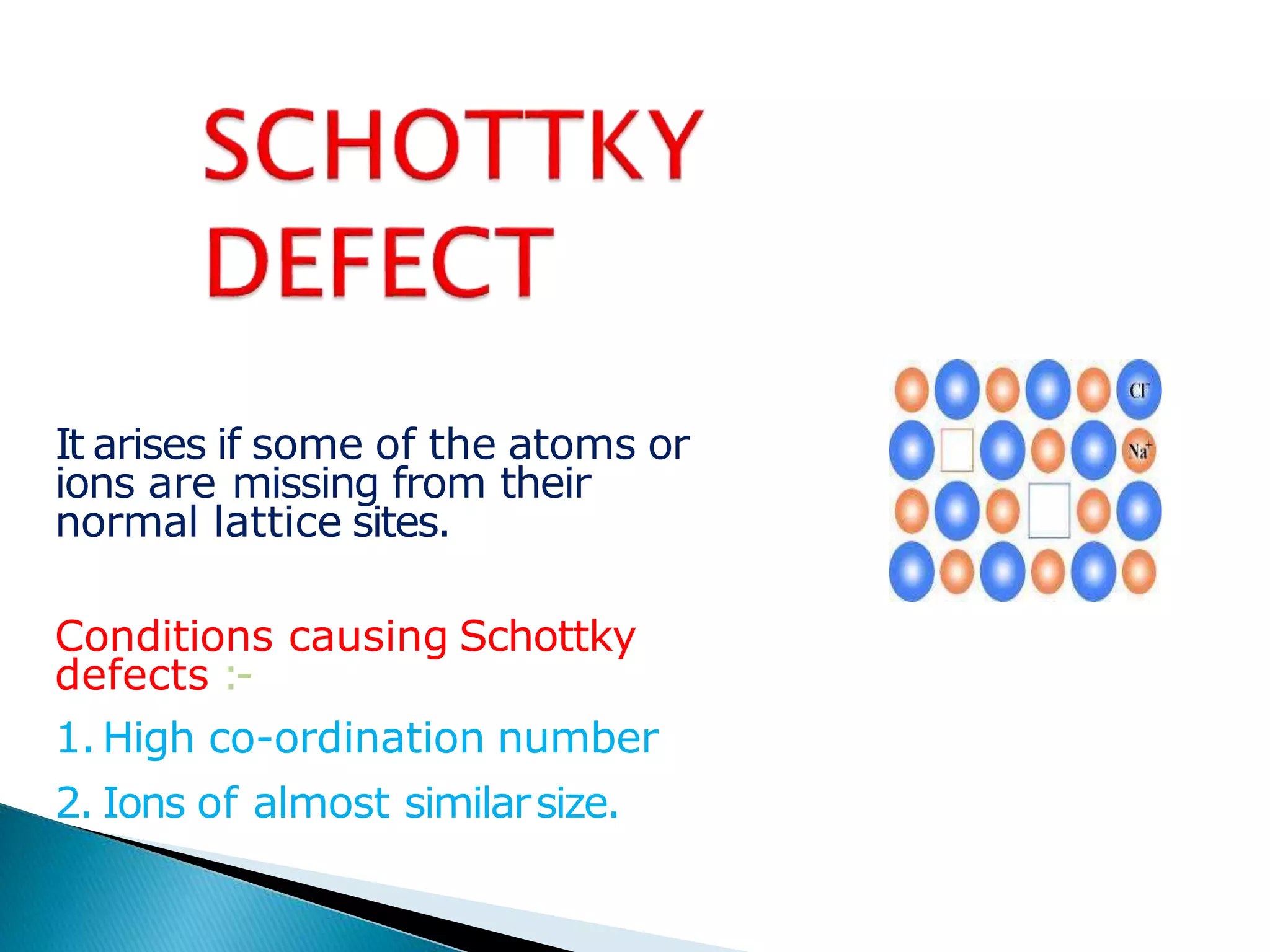 It arises if some of the atoms or
ions are missing from their
normal lattice sites.
Conditions causing Schottky
defects :-
1. High co-ordination number
2. Ions of almost similarsize.
 