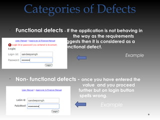 Categories of Defects
•
Functional defects - If the application is not behaving in
the way as the requirements
document suggests then it is considered as a
functional defect. 
Example
•
Non- functional defects - once you have entered the
value and you proceed
further but on login button
spells wrong.
•
Example
 