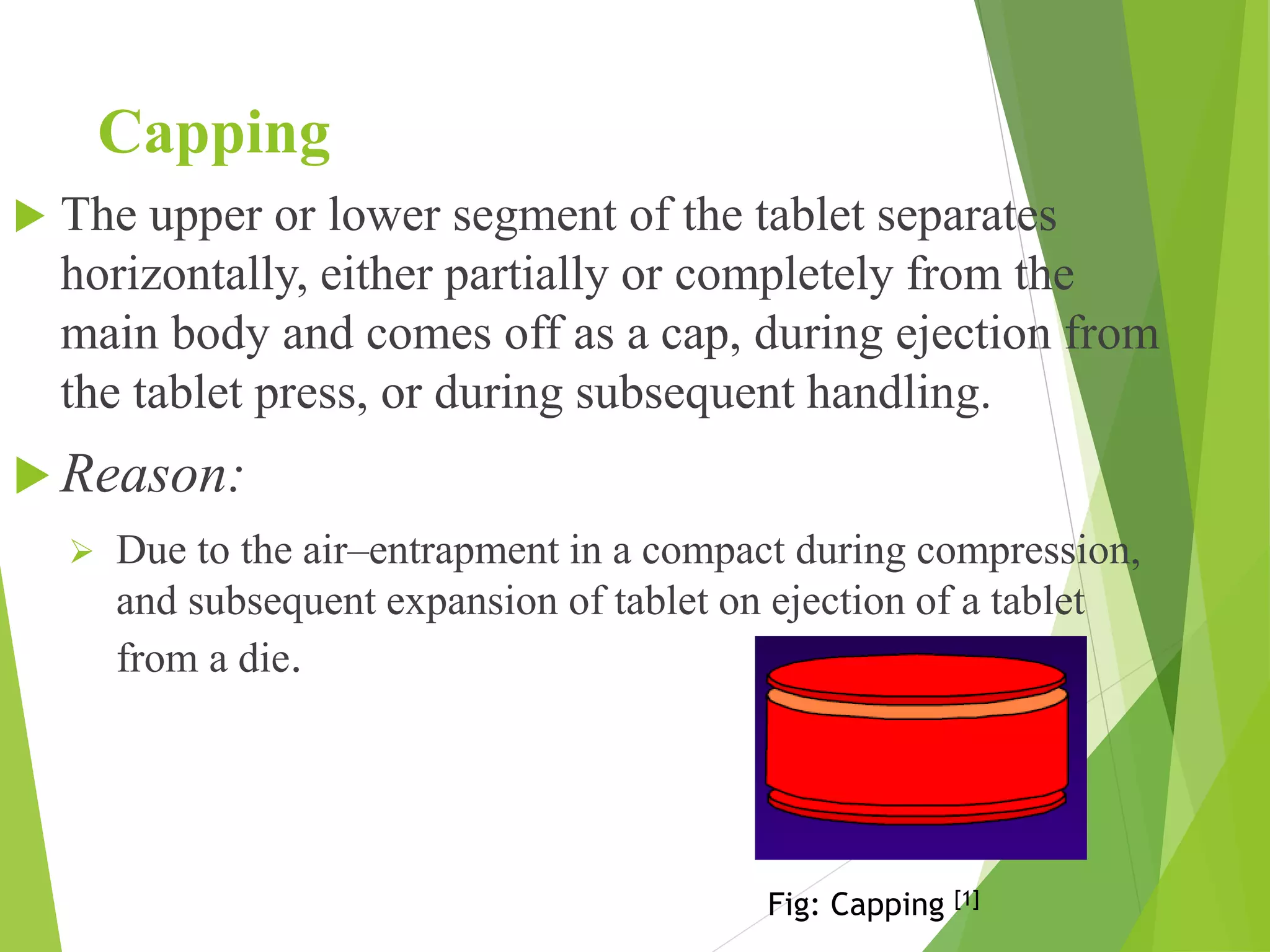 Capping
 The upper or lower segment of the tablet separates
horizontally, either partially or completely from the
main body and comes off as a cap, during ejection from
the tablet press, or during subsequent handling.
 Reason:
 Due to the air–entrapment in a compact during compression,
and subsequent expansion of tablet on ejection of a tablet
from a die.
Fig: Capping [1]
 