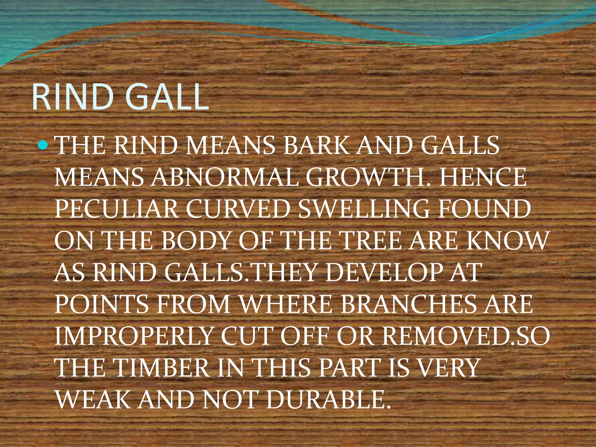 RIND GALL
 THE RIND MEANS BARK AND GALLS
MEANS ABNORMAL GROWTH. HENCE
PECULIAR CURVED SWELLING FOUND
ON THE BODY OF THE TREE ARE KNOW
AS RIND GALLS.THEY DEVELOP AT
POINTS FROM WHERE BRANCHES ARE
IMPROPERLY CUT OFF OR REMOVED.SO
THE TIMBER IN THIS PART IS VERY
WEAK AND NOT DURABLE.
 