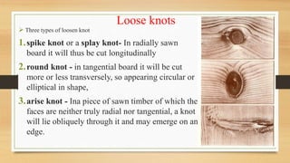 Loose knots
 Three types of loosen knot
1.spike knot or a splay knot- In radially sawn
board it will thus be cut longitudinally
2.round knot - in tangential board it will be cut
more or less transversely, so appearing circular or
elliptical in shape,
3.arise knot - Ina piece of sawn timber of which the
faces are neither truly radial nor tangential, a knot
will lie obliquely through it and may emerge on an
edge.
 