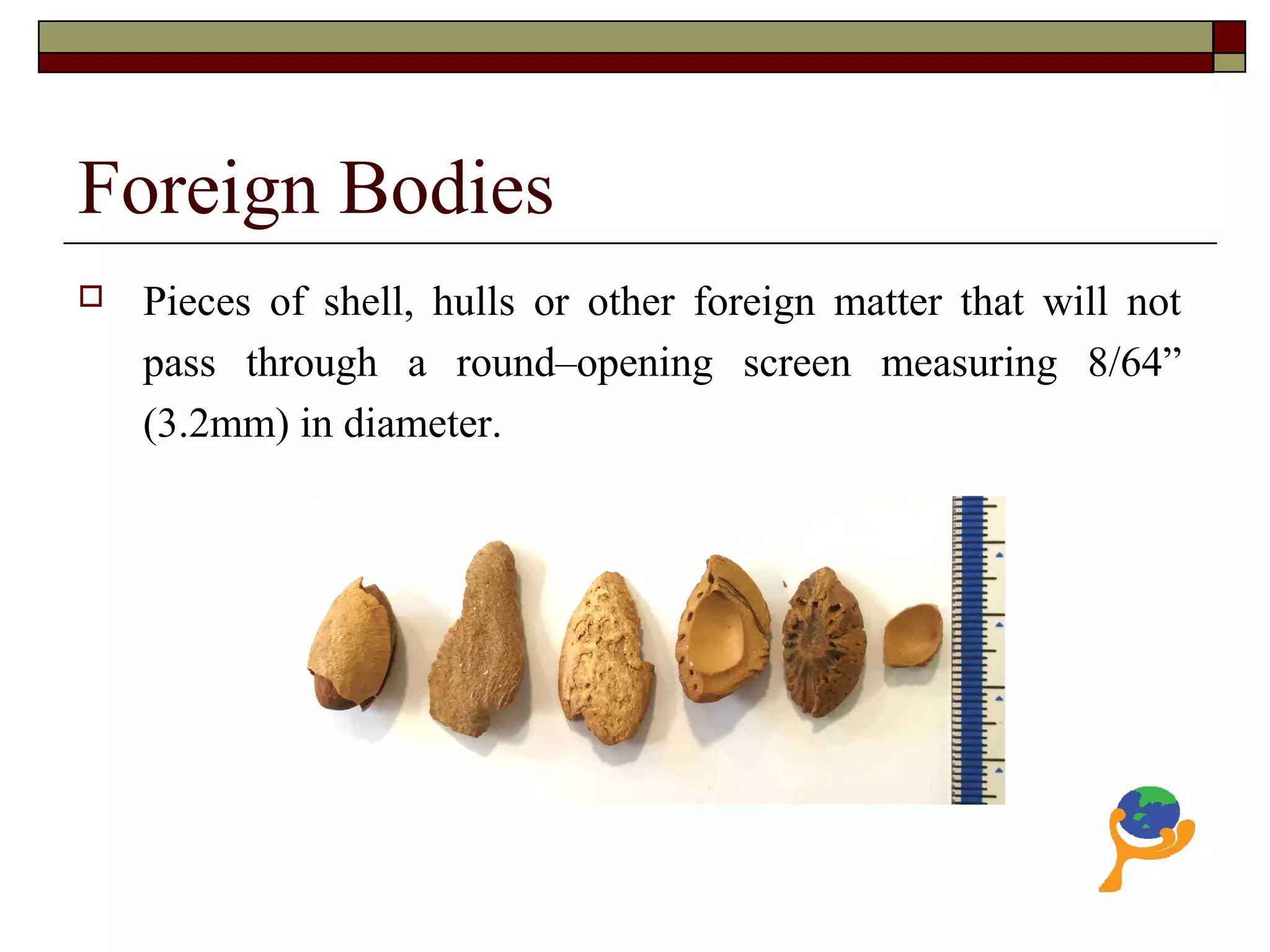 Foreign Bodies
 Pieces of shell, hulls or other foreign matter that will not
pass through a round–opening screen measuring 8/64”
(3.2mm) in diameter.
 