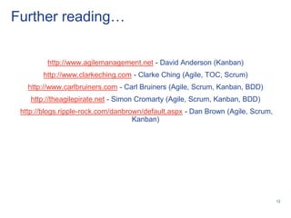 Further reading…


         http://www.agilemanagement.net - David Anderson (Kanban)
        http://www.clarkeching.com - Clarke Ching (Agile, TOC, Scrum)
   http://www.carlbruiners.com - Carl Bruiners (Agile, Scrum, Kanban, BDD)
    http://theagilepirate.net - Simon Cromarty (Agile, Scrum, Kanban, BDD)
 http://blogs.ripple-rock.com/danbrown/default.aspx - Dan Brown (Agile, Scrum,
                                    Kanban)




                                                                                 12
 