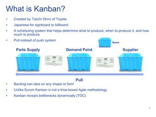What is Kanban?
•   Created by Taiichi Ohno of Toyota
•   Japanese for signboard or billboard
•   A scheduling system that helps determine what to produce, when to produce it, and how
    much to produce
•   Pull instead of push system
                                                                 Spare

     Parts Supply                    Demand Point                        Supplier




                                            Pull
•   Backlog can take on any shape or form
•   Unlike Scrum Kanban is not a time-boxed Agile methodology
•   Kanban reveals bottlenecks dynamically (TOC)


                                                                                            2
 