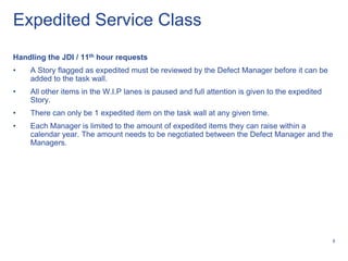 Expedited Service Class
Handling the JDI / 11th hour requests
•   A Story flagged as expedited must be reviewed by the Defect Manager before it can be
    added to the task wall.
•   All other items in the W.I.P lanes is paused and full attention is given to the expedited
    Story.
•   There can only be 1 expedited item on the task wall at any given time.
•   Each Manager is limited to the amount of expedited items they can raise within a
    calendar year. The amount needs to be negotiated between the Defect Manager and the
    Managers.




                                                                                                8
 