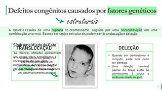 MELHOR para você
E M P R E S A D E O R G Â N I C O S
Defeitoscongênitoscausadospor fatoresgenéticos
A maioria resulta de uma ruptura do cromossomo, seguida por uma reconstituição em uma
combinação anormal. Essesrearranjosestruturaispodemser:translocaçãoe deleção.
5
estruturais
▪ Quando um cromossomo é
rompido, parte dele pode
ser perdida.
▪ Uma deleção terminal
parcial do braço curto do
cromossomo 5 causa a
síndrome miado de gato
DELEÇÃO
TRANSLOCAÇÃO
▪ transferência de um pedaço de
um cromossomo para um
cromossomo não homólogo
▪ não causa necessariamente
um desenvolvimento anormal
X
Síndrome Miado do Gato
As crianças afetadas apresentam
um choro fraco semelhante à
vocalização de um gato,
microcefalia, deficiência mental
grave e doença cardíaca congênita.
 