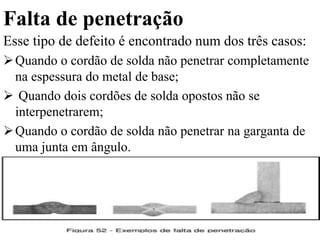 Falta de penetração
Esse tipo de defeito é encontrado num dos três casos:
Quando o cordão de solda não penetrar completamente
na espessura do metal de base;
 Quando dois cordões de solda opostos não se
interpenetrarem;
Quando o cordão de solda não penetrar na garganta de
uma junta em ângulo.
 