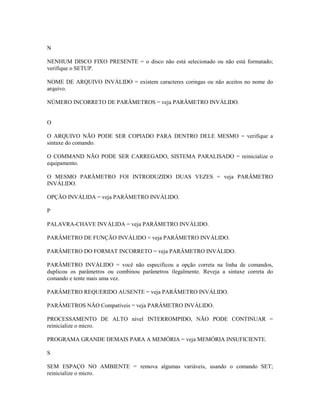 N
NENHUM DISCO FIXO PRESENTE = o disco não está selecionado ou não está formatado;
verifique o SETUP.
NOME DE ARQUIVO INVÁLIDO = existem caracteres coringas ou não aceitos no nome do
arquivo.
NÚMERO INCORRETO DE PARÂMETROS = veja PARÂMETRO INVÁLIDO.
O
O ARQUIVO NÃO PODE SER COPIADO PARA DENTRO DELE MESMO = verifique a
sintaxe do comando.
O COMMAND NÃO PODE SER CARREGADO, SISTEMA PARALISADO = reinicialize o
equipamento.
O MESMO PARÂMETRO FOI INTRODUZIDO DUAS VEZES = veja PARÂMETRO
INVÁLIDO.
OPÇÃO INVÁLIDA = veja PARÂMETRO INVÁLIDO.
P
PALAVRA-CHAVE INVÁLIDA = veja PARÂMETRO INVÁLIDO.
PARÂMETRO DE FUNÇÃO INVÁLIDO = veja PARÂMETRO INVÁLIDO.
PARÂMETRO DO FORMAT INCORRETO = veja PARÂMETRO INVÁLIDO.
PARÂMETRO INVÁLIDO = você não especificou a opção correta na linha de comandos,
duplicou os parâmetros ou combinou parâmetros ilegalmente. Reveja a sintaxe correta do
comando e tente mais uma vez.
PARÂMETRO REQUERIDO AUSENTE = veja PARÂMETRO INVÁLIDO.
PARÂMETROS NÃO Compatíveis = veja PARÂMETRO INVÁLIDO.
PROCESSAMENTO DE ALTO nível INTERROMPIDO, NÃO PODE CONTINUAR =
reinicialize o micro.
PROGRAMA GRANDE DEMAIS PARA A MEMÓRIA = veja MEMÓRIA INSUFICIENTE.
S
SEM ESPAÇO NO AMBIENTE = remova algumas variáveis, usando o comando SET;
reinicialize o micro.
 