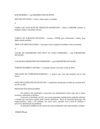 SEM MEMÓRIA = veja MEMÓRIA INSUFICIENTE.
SINTAXE INVÁLIDA = reveja a sintaxe para o comando.
T
TABELA DE ALOCAÇÃO DE ARQUIVOS DANIFICADA = utilize o CHKDSK; restaure os
backups; chame a assistência técnica.
TABELA DE PARTIÇÃO INVÁLIDA = execute o FDISK para reinicializar a tabela. Seus
dados estarão perdidos.
TROCA DE DISCO INVÁLIDA = recoloque o disco original na unidade e tente novamente.
V
VALOR DO PARÂMETRO NÃO ESTÁ NA FAIXA PERMITIDA = veja PARÂMETRO
INVÁLIDO.
VALOR DO PARÂMETRO NÃO PERMITIDO = veja PARÂMETRO INVÁLIDO.
VERSÃO INCORRETA DO DOS = o comando externo é de outra versão do DOS.
VIOLAÇÃO DE COMPARTILHAMENTO = o arquivo que você está tentando usar já está
aberto.
VOCÊ DEVE ESPECIFICAR ON OU OFF = o parâmetro introduzido na linha de comando deve
ser ON ou OFF.
DEFEITOS NÃO SINALIZADOS
Nos defeitos não sinalizados é necessário um embasamento teórico para que se possa
localizar e solucionar os defeitos.
O processo é facilitado, em PCs, por serem projetados modularmente podendo substituir
o módulo que uma prévia análise pôde concluir defeituoso. Peças de reposição •back-ups• são
imprescindíveis, sendo o PC modular, em certos casos, somente com a troca de módulos é
possível a identificação do problema.
Os principais módulos de um sistema de microcomputador estão representados na figura:
EMBED PBrush
 