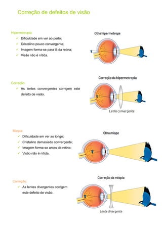 Hipermetropia:
 Dificuldade em ver ao perto;
 Cristalino pouco convergente;
 Imagem forma-se para lá da retina;
 Visão não é nítida.
Correção de defeitos de visão
Correção:
 As lentes convergentes corrigem este
defeito de visão.
Miopia:
 Dificuldade em ver ao longe;
 Cristalino demasiado convergente;
 Imagem forma-se antes da retina;
 Visão não é nítida.
Correção:
 As lentes divergentes corrigem
este defeito de visão.
 