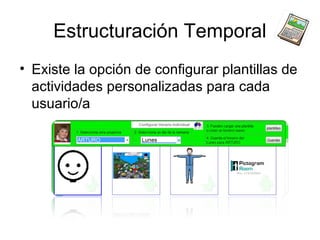 Estructuración Temporal
• Existe la opción de configurar plantillas de
  actividades personalizadas para cada
  usuario/a
 