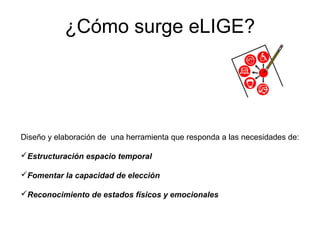 ¿Cómo surge eLIGE?




Diseño y elaboración de una herramienta que responda a las necesidades de:

Estructuración espacio temporal

Fomentar la capacidad de elección

Reconocimiento de estados físicos y emocionales
 