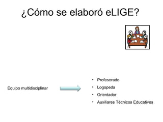 ¿Cómo se elaboró eLIGE?




                          • Profesorado

Equipo multidisciplinar   • Logopeda
                          • Orientador
                          • Auxiliares Técnicos Educativos
 